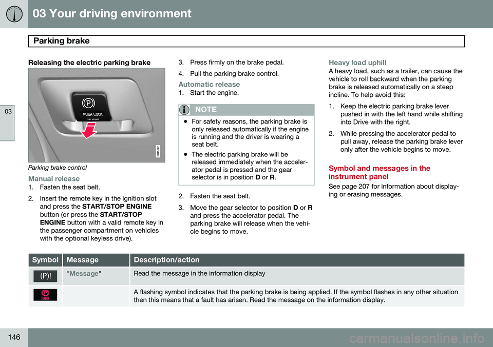 VOLVO XC60 2015 Owner´s Manual 03 Your driving environment
Parking brake
03
146
Releasing the electric parking brake
Parking brake control
Manual release1. Fasten the seat belt.
2. Insert the remote key in the ignition slotand pr VOLVO XC60 2015 Owner´s Manual 03 Your driving environment
Parking brake
03
146
Releasing the electric parking brake
Parking brake control
Manual release1. Fasten the seat belt.
2. Insert the remote key in the ignition slotand pr