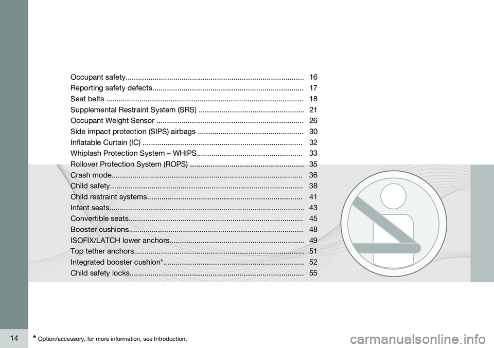 VOLVO XC60 2015  Owner´s Manual 14* Option/accessory, for more information, see Introduction. Occupant safety...................................................................................... 16 
Reporting safety defects........