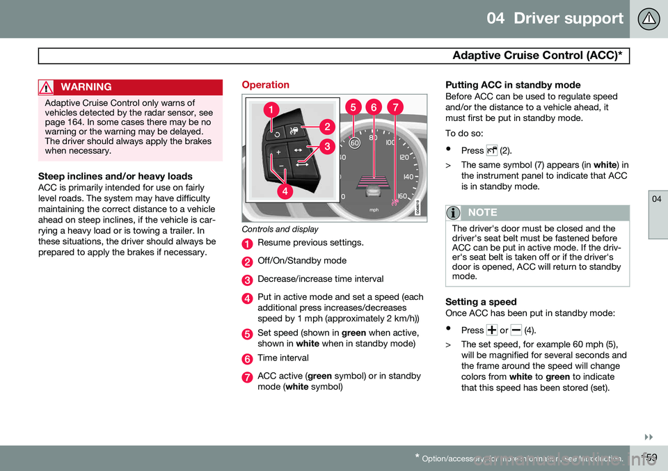 VOLVO XC60 2015 Owner´s Manual 04 Driver support
Adaptive Cruise Control (ACC)*
04
}}
* Option/accessory, for more information, see Introduction.159
WARNING
Adaptive Cruise Control only warns of vehicles detected by the radar sen VOLVO XC60 2015 Owner´s Manual 04 Driver support
Adaptive Cruise Control (ACC)*
04
}}
* Option/accessory, for more information, see Introduction.159
WARNING
Adaptive Cruise Control only warns of vehicles detected by the radar sen