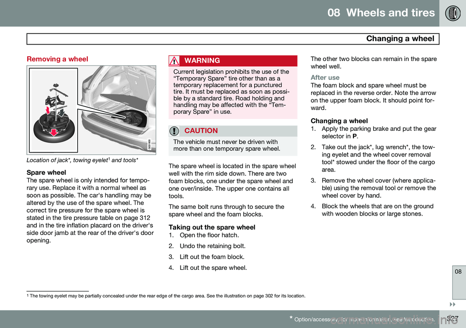 VOLVO XC60 2015  Owner´s Manual 08  Wheels and tires
  Changing a wheel
08
}}
* Option/accessory, for more information, see Introduction.327
Removing a wheel
Location of jack*, towing eyelet 1
 and tools*
Spare wheelThe spare wheel 