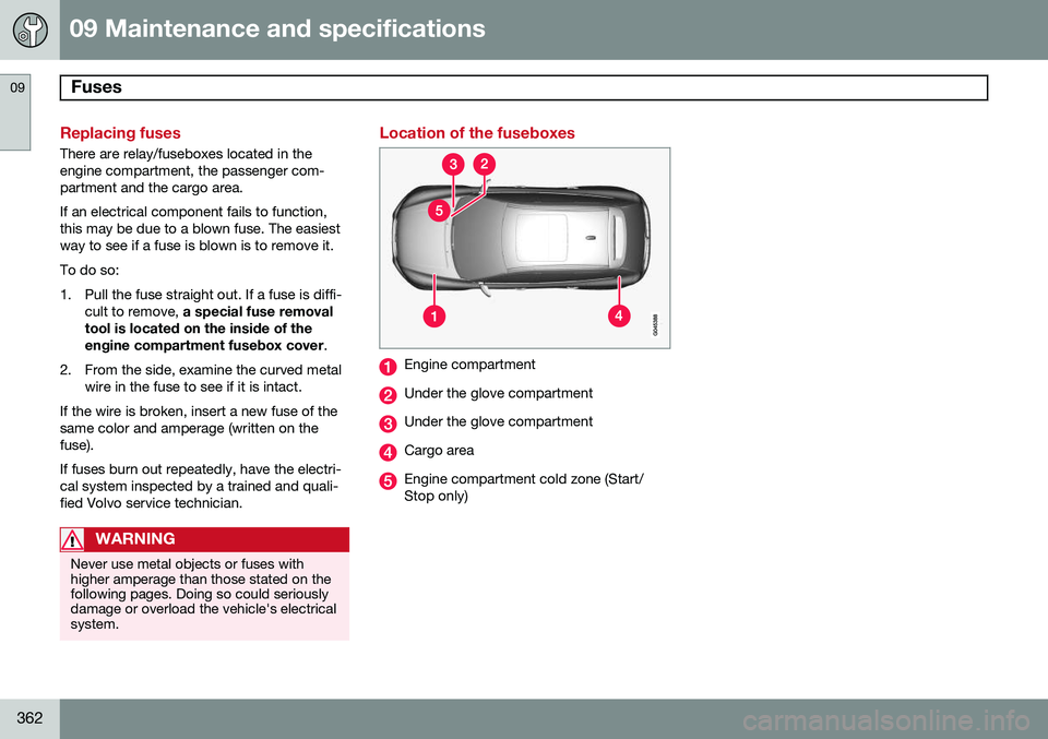 VOLVO XC60 2015  Owner´s Manual 09 Maintenance and specifications
Fuses 09
362
Replacing fuses
There are relay/fuseboxes located in the engine compartment, the passenger com-partment and the cargo area. If an electrical component fa