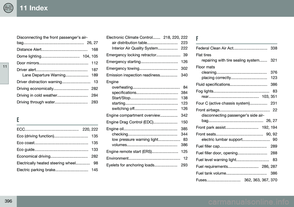 VOLVO XC60 2015  Owner´s Manual 11 Index
11
396
Disconnecting the front passenger’s air- 
bag....................................................... 26, 27Distance Alert.......................................... 168 
Dome lighting
