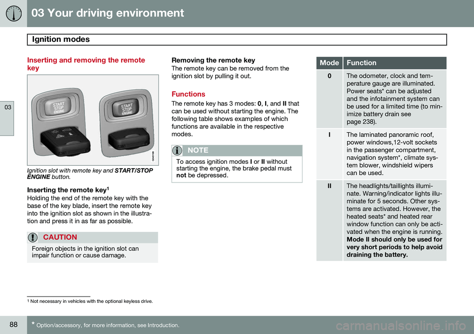 VOLVO XC60 2015 Owner´s Manual 03 Your driving environment
Ignition modes
03
88* Option/accessory, for more information, see Introduction.
Inserting and removing the remote key
Ignition slot with remote key and START/STOP
ENGINE VOLVO XC60 2015 Owner´s Manual 03 Your driving environment
Ignition modes
03
88* Option/accessory, for more information, see Introduction.
Inserting and removing the remote key
Ignition slot with remote key and START/STOP
ENGINE