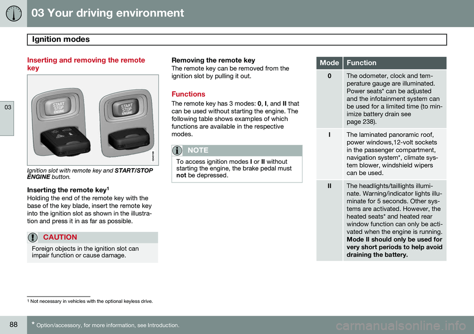 VOLVO XC60 2015  Owner´s Manual 03 Your driving environment
Ignition modes 
03
88* Option/accessory, for more information, see Introduction.
Inserting and removing the remote key
Ignition slot with remote key and  START/STOP
ENGINE 