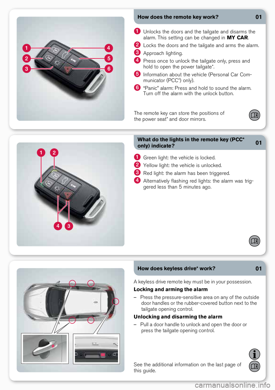 VOLVO XC60 2015 Quick Guide How does the remote key work?
What do the lights in the remote key (PCC*
only) indicate?01
01
green light: the vehicle is locke\f.
Yellow light: the vehicle is unlocke\f.
Re\f light: the alarm ha VOLVO XC60 2015 Quick Guide How does the remote key work?
What do the lights in the remote key (PCC*
only) indicate?01
01
green light: the vehicle is locke\f.
Yellow light: the vehicle is unlocke\f.
Re\f light: the alarm ha