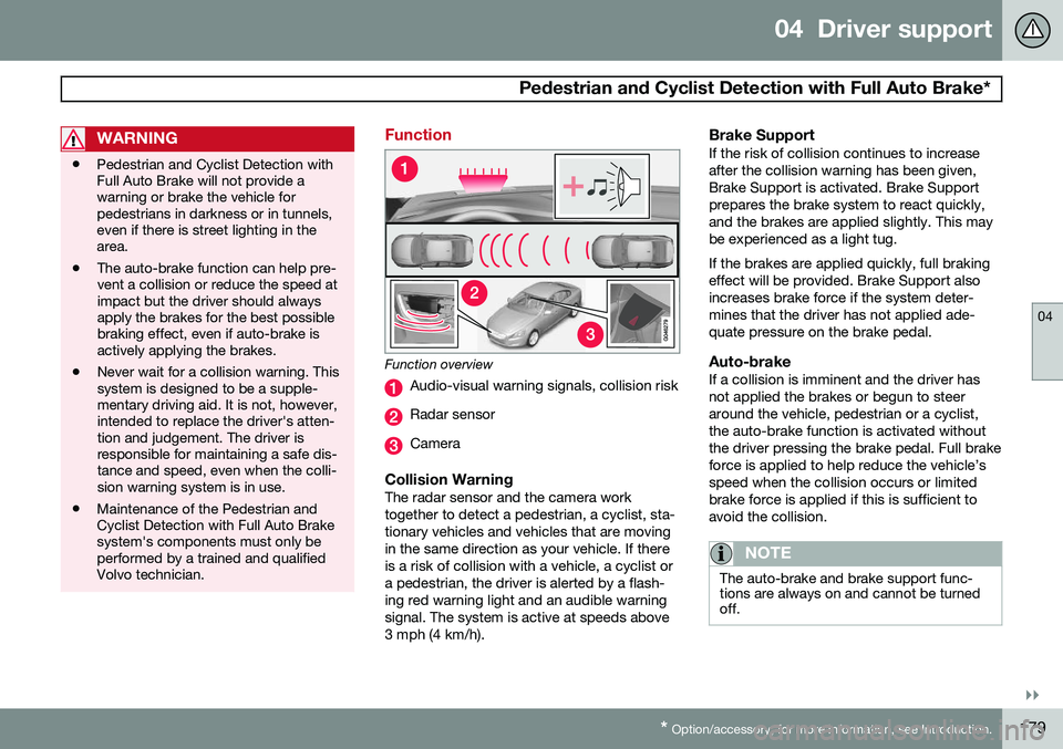 VOLVO XC70 2015 Owner´s Manual 04 Driver support
Pedestrian and Cyclist Detection with Full Auto Brake*
04
}}
* Option/accessory, for more information, see Introduction.179
WARNING
• Pedestrian and Cyclist Detection with Full A VOLVO XC70 2015 Owner´s Manual 04 Driver support
Pedestrian and Cyclist Detection with Full Auto Brake*
04
}}
* Option/accessory, for more information, see Introduction.179
WARNING
• Pedestrian and Cyclist Detection with Full A