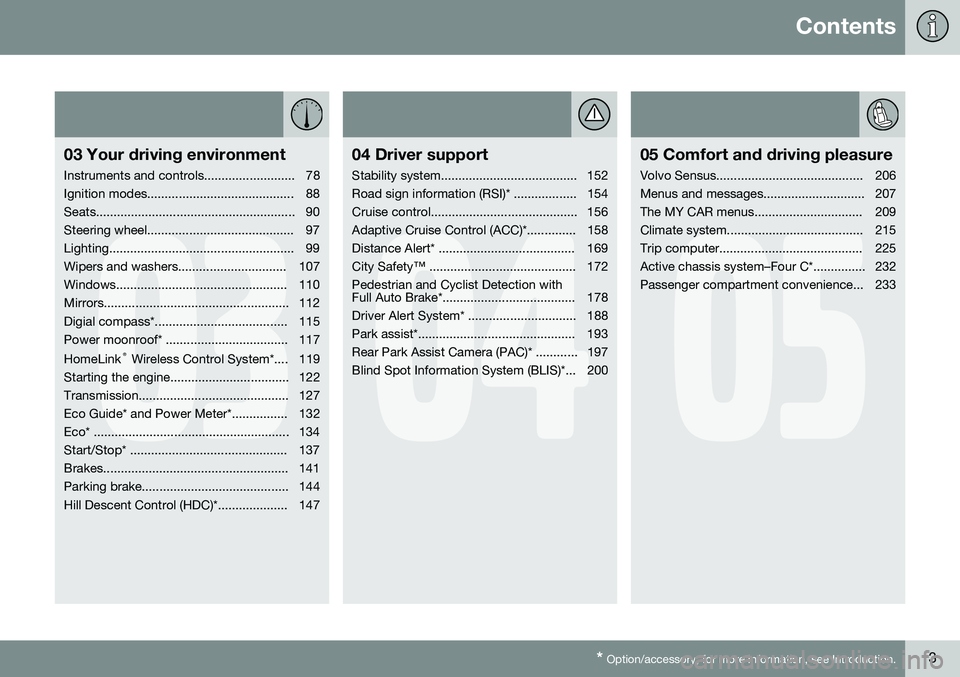 VOLVO XC70 2015  Owner´s Manual Contents
* Option/accessory, for more information, see Introduction.3
03
03 Your driving environment
Instruments and controls.......................... 78 
Ignition modes..............................