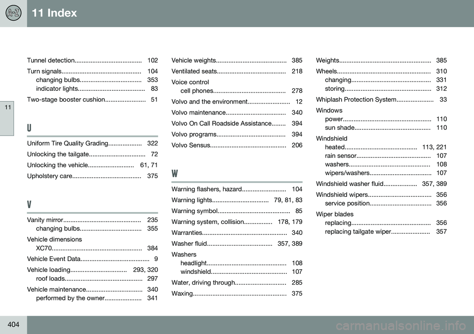 VOLVO XC70 2015  Owner´s Manual 11 Index
11
404
Tunnel detection...................................... 102Turn signals............................................. 104 changing bulbs................................... 353 
indicator