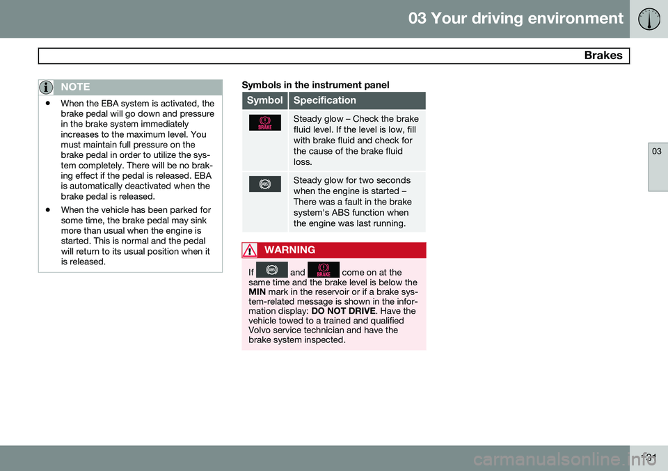 VOLVO S60 2014  Owner´s Manual 03 Your driving environment
 Brakes
03
131
NOTE
•When the EBA system is activated, the brake pedal will go down and pressurein the brake system immediatelyincreases to the maximum level. Youmust mai