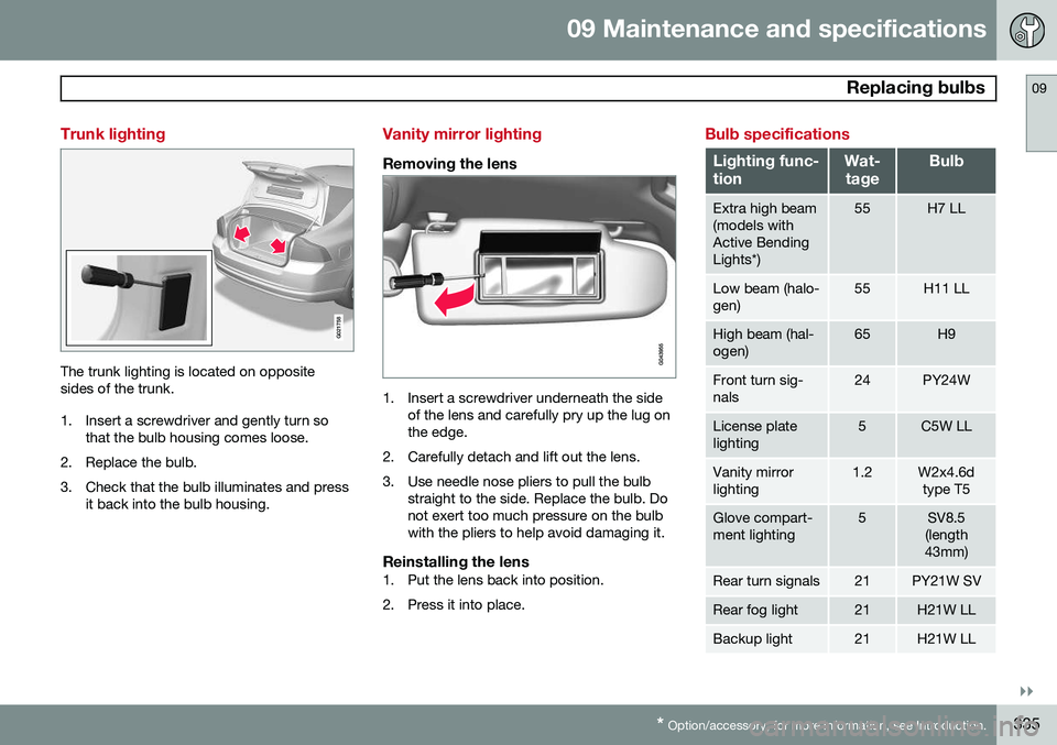 VOLVO S60 2014  Owner´s Manual 09 Maintenance and specifications
 Replacing bulbs09
}}
* Option/accessory, for more information, see Introduction.335
Trunk lighting
G021758
The trunk lighting is located on opposite sides of the tru