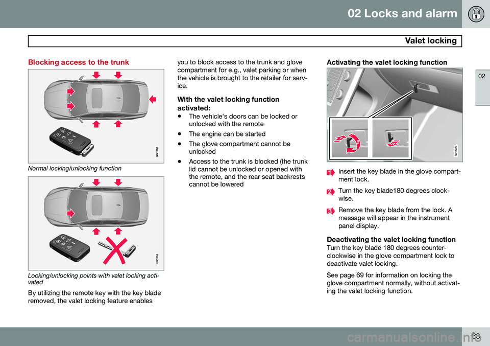 VOLVO S60 2014 Owner´s Manual 02 Locks and alarm
Valet locking
02
63
Blocking access to the trunk
G021083
Normal locking/unlocking function
G021084
Locking/unlocking points with valet locking acti- vatedBy utilizing the remote k VOLVO S60 2014 Owner´s Manual 02 Locks and alarm
Valet locking
02
63
Blocking access to the trunk
G021083
Normal locking/unlocking function
G021084
Locking/unlocking points with valet locking acti- vatedBy utilizing the remote k