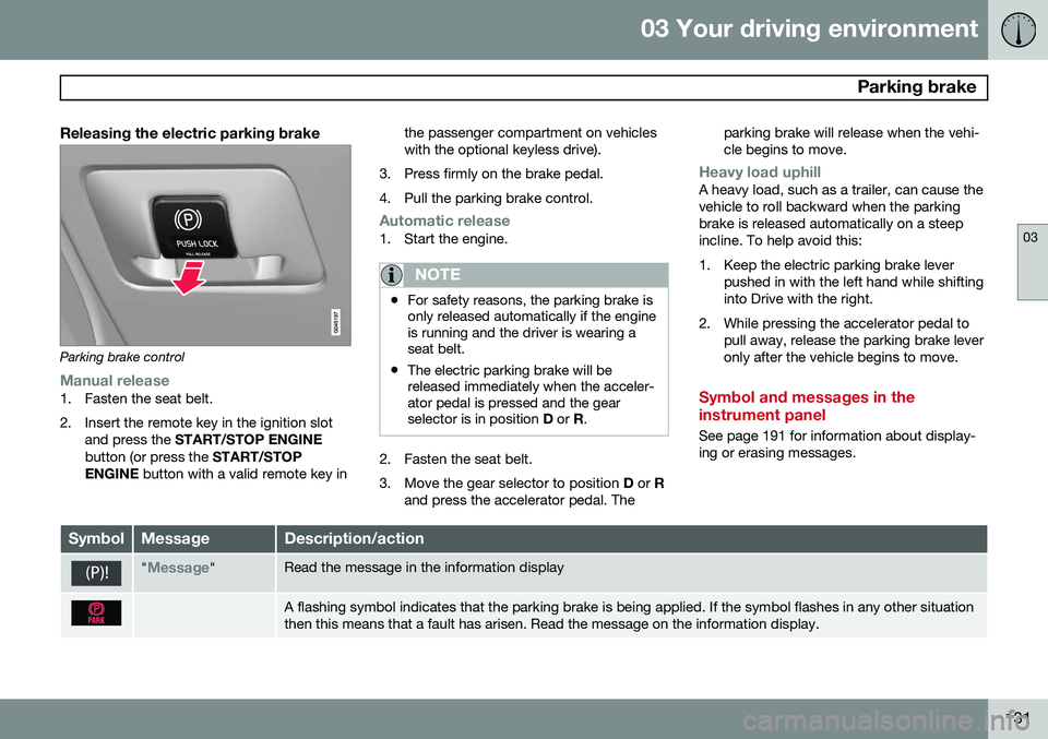 VOLVO S80 2014  Owner´s Manual 03 Your driving environment
 Parking brake
03
131
Releasing the electric parking brake
Parking brake control
Manual release1. Fasten the seat belt. 
2. Insert the remote key in the ignition slotand pr