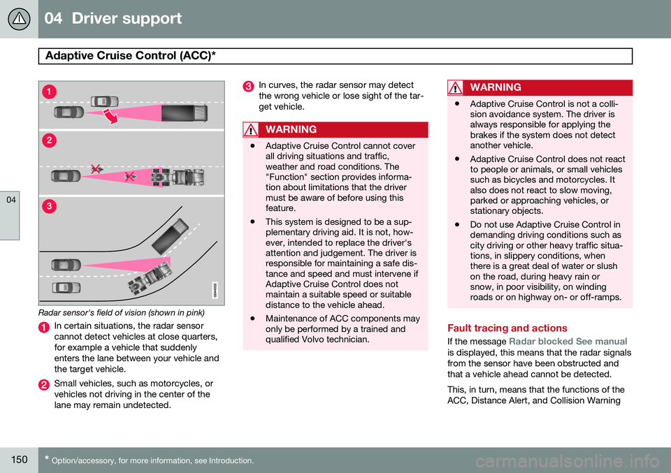 VOLVO S80 2014  Owner´s Manual 04  Driver support
Adaptive Cruise Control (ACC)* 
04
150* Option/accessory, for more information, see Introduction.
Radar sensor's field of vision (shown in pink)
In certain situations, the radar