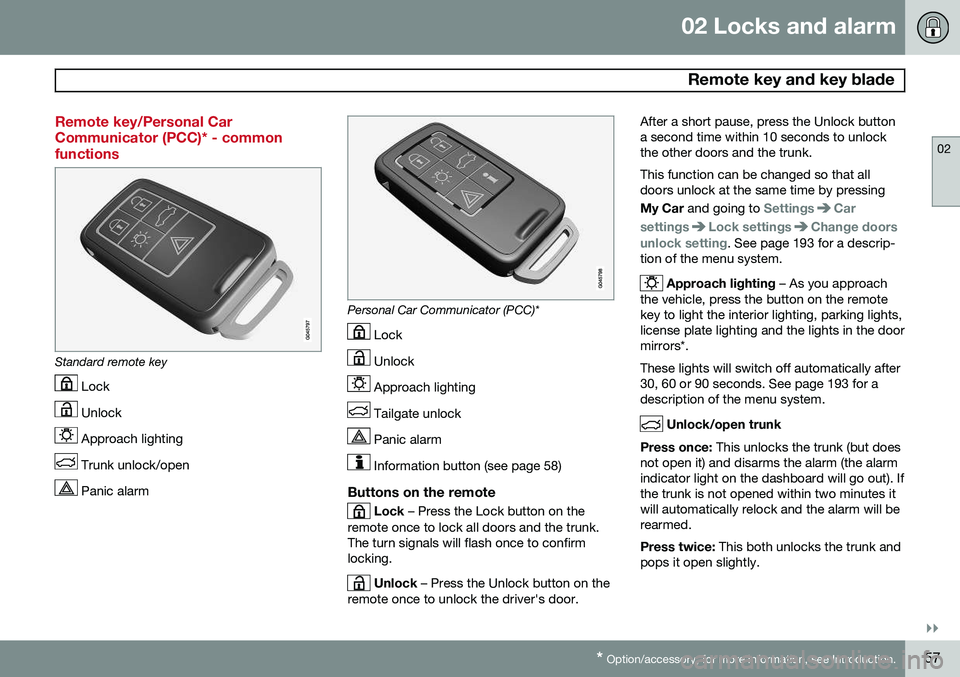 VOLVO S80 2014  Owner´s Manual 02 Locks and alarm
 Remote key and key blade
02
}}
* Option/accessory, for more information, see Introduction.57
Remote key/Personal Car Communicator (PCC)* - commonfunctions
Standard remote key
 Lock