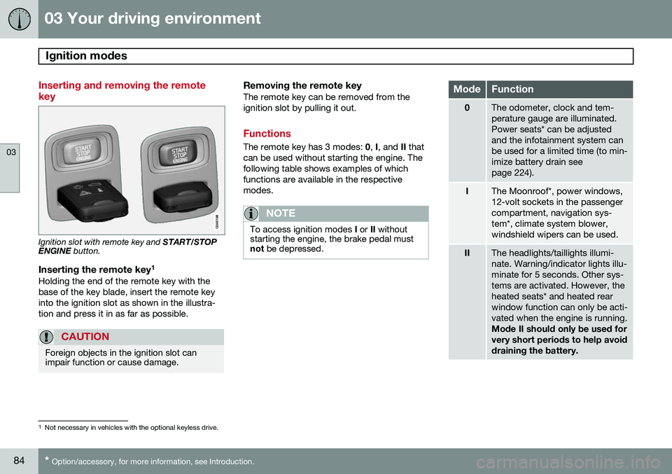 VOLVO S80 2014  Owner´s Manual 03 Your driving environment
Ignition modes 
03
84* Option/accessory, for more information, see Introduction.
Inserting and removing the remote key
Ignition slot with remote key and  START/STOP
ENGINE 