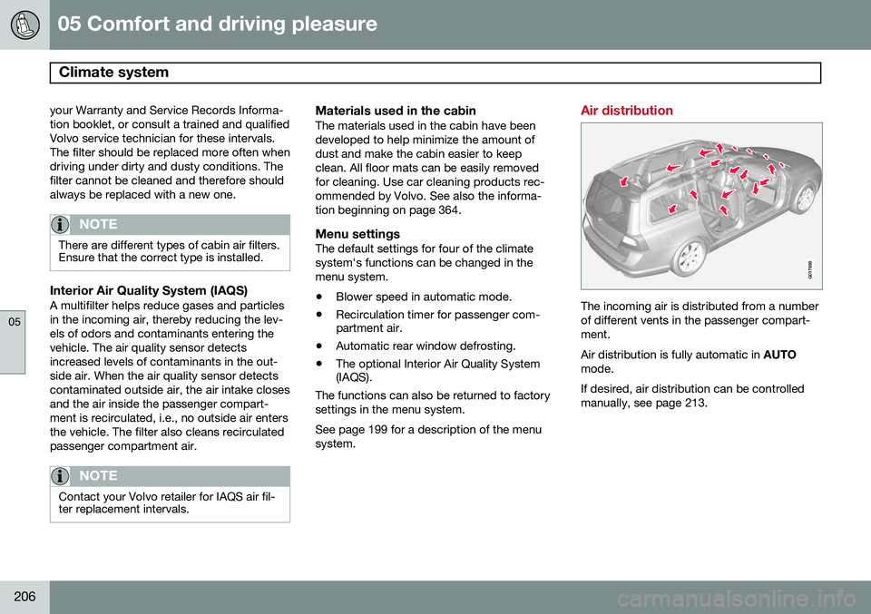 VOLVO XC70 2014 Owner´s Manual 05 Comfort and driving pleasure
Climate system
05
206
your Warranty and Service Records Informa- tion booklet, or consult a trained and qualifiedVolvo service technician for these intervals.The filte VOLVO XC70 2014 Owner´s Manual 05 Comfort and driving pleasure
Climate system
05
206
your Warranty and Service Records Informa- tion booklet, or consult a trained and qualifiedVolvo service technician for these intervals.The filte