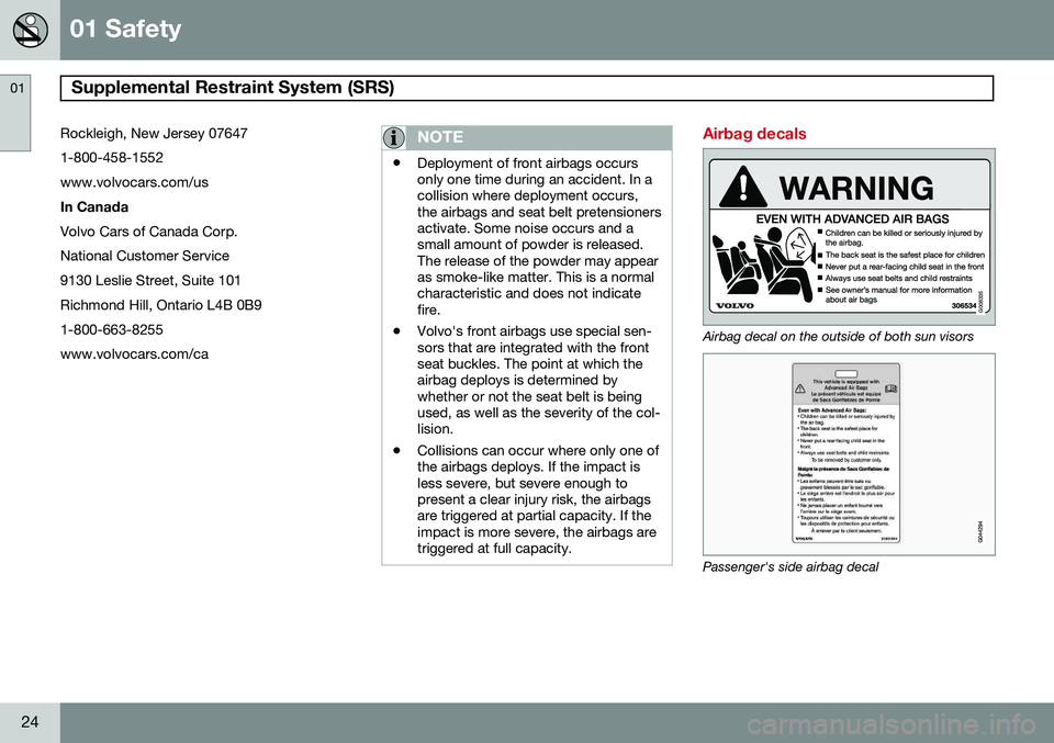 VOLVO XC70 2014  Owner´s Manual 01 Safety
Supplemental Restraint System (SRS)  01
24
Rockleigh, New Jersey 07647 1-800-458-1552www.volvocars.com/us In Canada Volvo Cars of Canada Corp. National Customer Service9130 Leslie Street, Su