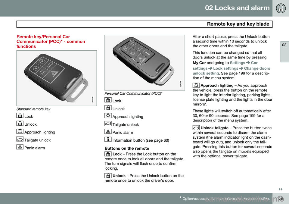 VOLVO XC70 2014 Owner´s Manual 02 Locks and alarm
Remote key and key blade
02
}}
* Option/accessory, for more information, see Introduction.59
Remote key/Personal Car Communicator (PCC)* - commonfunctions
Standard remote key
Lock VOLVO XC70 2014 Owner´s Manual 02 Locks and alarm
Remote key and key blade
02
}}
* Option/accessory, for more information, see Introduction.59
Remote key/Personal Car Communicator (PCC)* - commonfunctions
Standard remote key
Lock