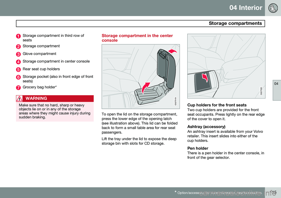 VOLVO XC90 2014  Owner´s Manual 04 Interior
 Storage compartments
04
* Option/accessory, for more information, see Introduction.115
Storage compartment in third row of seats
Storage compartment
Glove compartment
Storage compartment 