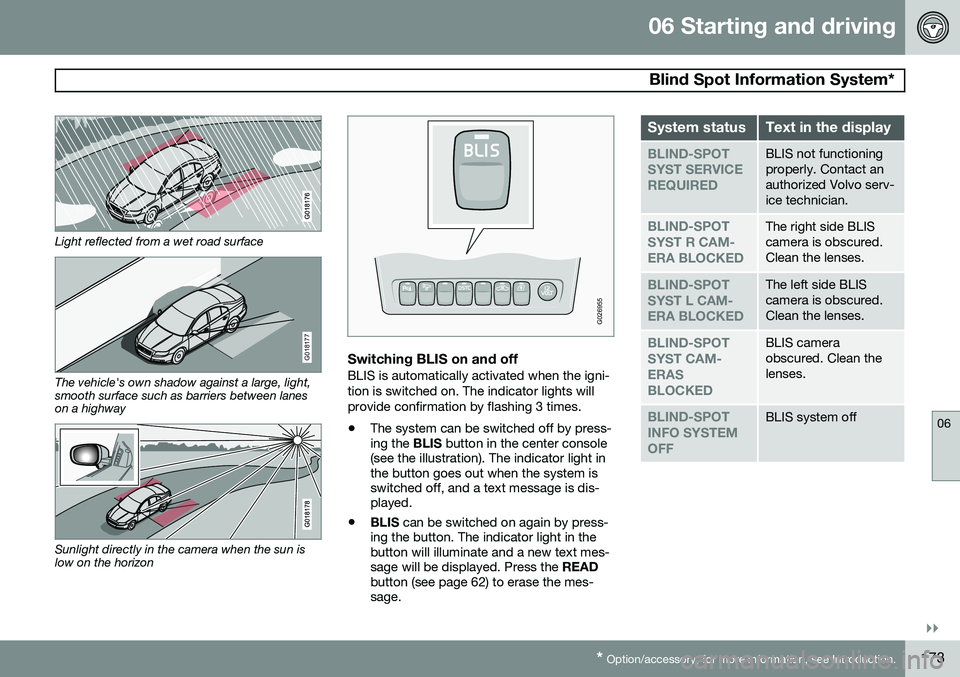 VOLVO XC90 2014  Owner´s Manual 06 Starting and driving
 Blind Spot Information System*
06
}}
* Option/accessory, for more information, see Introduction.173
Light reflected from a wet road surface
G018177
The vehicle's own shado