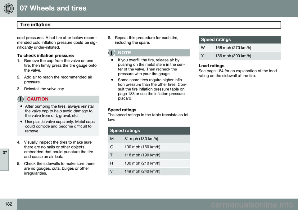 VOLVO XC90 2014 Owner´s Manual 07 Wheels and tires
Tire inflation
07
182
cold pressures. A hot tire at or below recom- mended cold inflation pressure could be sig-nificantly under-inflated.
To check inflation pressure:1. Remove t VOLVO XC90 2014 Owner´s Manual 07 Wheels and tires
Tire inflation
07
182
cold pressures. A hot tire at or below recom- mended cold inflation pressure could be sig-nificantly under-inflated.
To check inflation pressure:1. Remove t