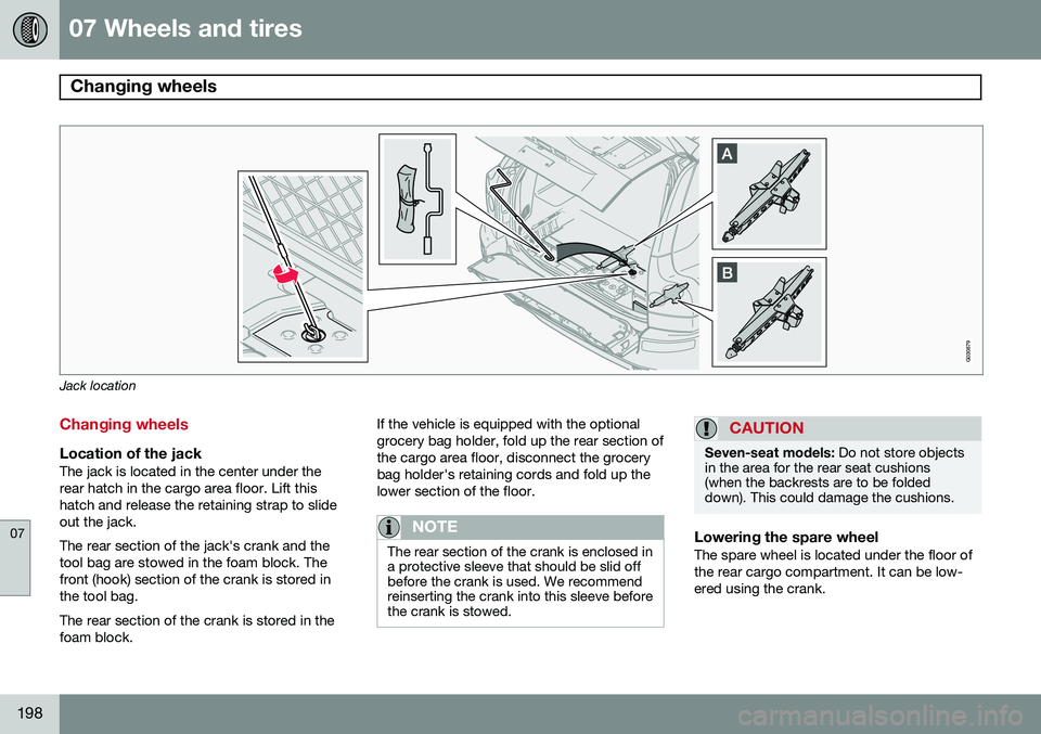 VOLVO XC90 2014 Owner´s Manual 07 Wheels and tires
Changing wheels
07
198
G030879
Jack location
Changing wheels
Location of the jackThe jack is located in the center under the rear hatch in the cargo area floor. Lift thishatch and VOLVO XC90 2014 Owner´s Manual 07 Wheels and tires
Changing wheels
07
198
G030879
Jack location
Changing wheels
Location of the jackThe jack is located in the center under the rear hatch in the cargo area floor. Lift thishatch and
