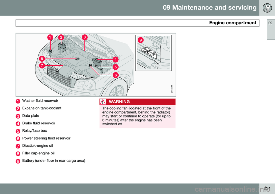VOLVO XC90 2014 Owner´s Manual 09 Maintenance and servicing
Engine compartment09
221
Washer fluid reservoir
Expansion tank-coolant
Data plate
Brake fluid reservoir
Relay/fuse box
Power steering fluid reservoir
Dipstick-engine oil
VOLVO XC90 2014 Owner´s Manual 09 Maintenance and servicing
Engine compartment09
221
Washer fluid reservoir
Expansion tank-coolant
Data plate
Brake fluid reservoir
Relay/fuse box
Power steering fluid reservoir
Dipstick-engine oil