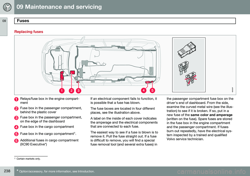 VOLVO XC90 2014  Owner´s Manual 09 Maintenance and servicing
Fuses 09
238* Option/accessory, for more information, see Introduction.
Replacing fuses
G032337
Relays/fuse box in the engine compart- ment
Fuse box in the passenger compa