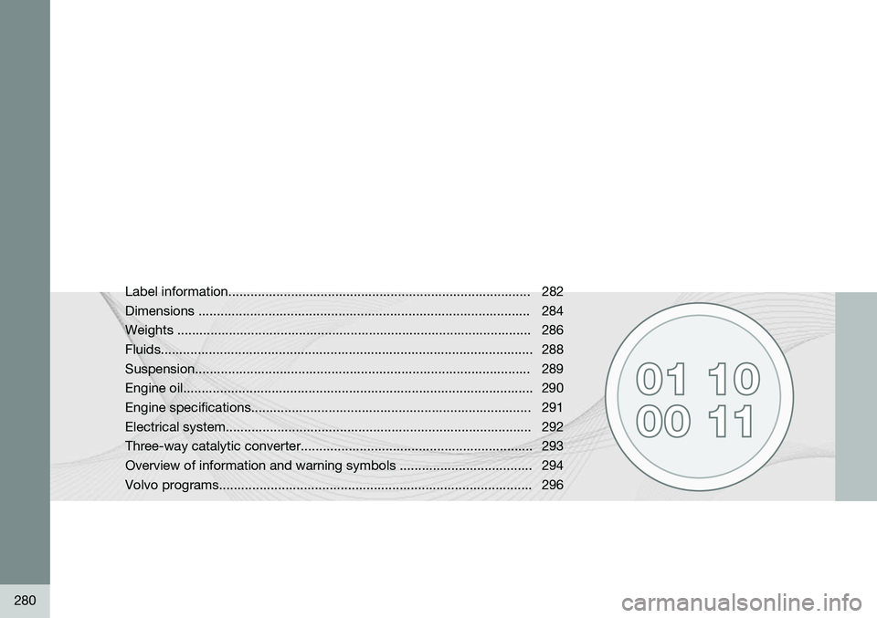 VOLVO XC90 2014 Owner´s Manual 280
Label information.................................................................................. 282 Dimensions ................................................................................. VOLVO XC90 2014 Owner´s Manual 280
Label information.................................................................................. 282 Dimensions .................................................................................