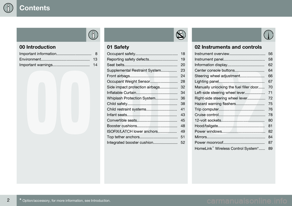 VOLVO XC90 2014  Owner´s Manual Contents
2* Option/accessory, for more information, see Introduction.
00
00 Introduction
Important information................................. 8 
Environment..........................................