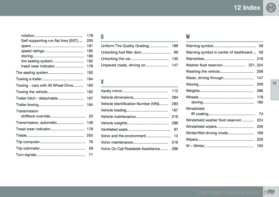 VOLVO XC90 2014  Owner´s Manual 12 Index
12
303
rotation............................................... 178 
Self-supporting run flat tires (SST)..... 205
spare................................................... 191
speed ratings...