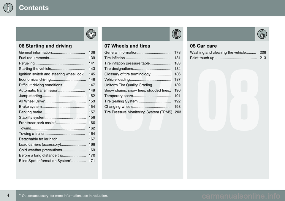 VOLVO XC90 2014  Owner´s Manual Contents
4* Option/accessory, for more information, see Introduction.
06
06 Starting and driving
General information................................ 138 
Fuel requirements.............................