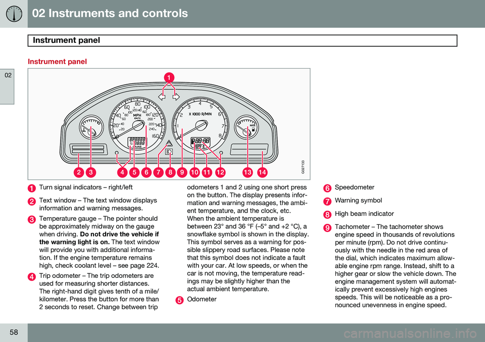 VOLVO XC90 2014  Owner´s Manual 02 Instruments and controls
Instrument panel 
02
58
Instrument panel
G027133
Turn signal indicators – right/left
Text window – The text window displays information and warning messages.
Temperatur