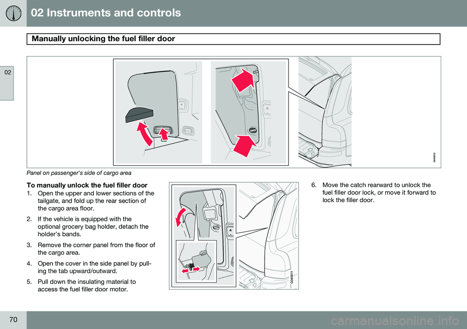 VOLVO XC90 2014  Owner´s Manual 02 Instruments and controls
Manually unlocking the fuel filler door 
02
70
Panel on passenger's side of cargo area
To manually unlock the fuel filler door1. Open the upper and lower sections of th