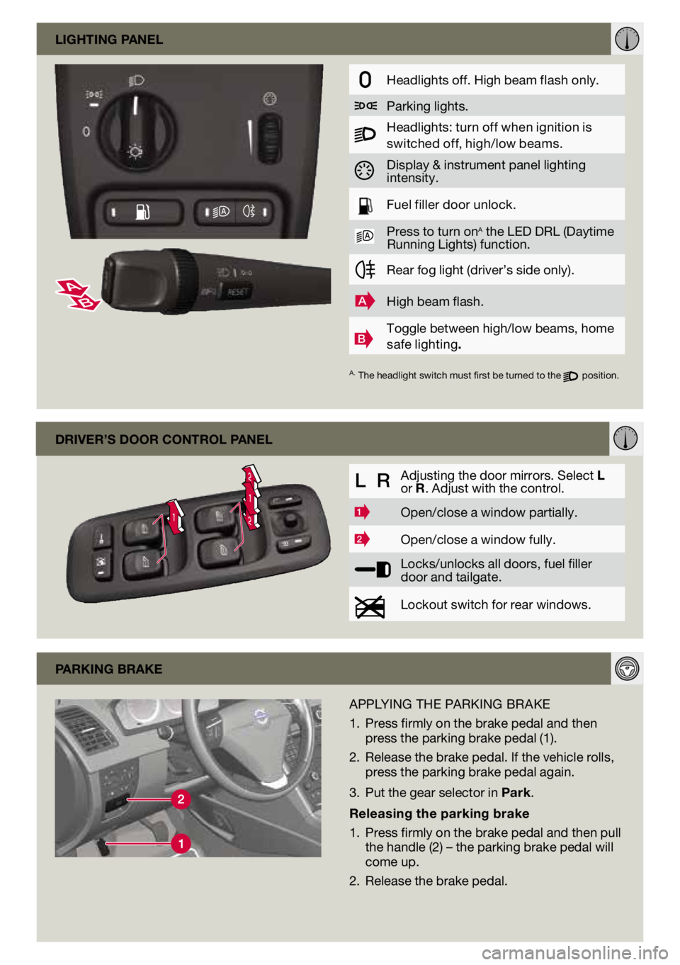VOLVO XC90 2014  Quick Guide 1
221
driver’s door control panel
L  RAdjusting the door mirrors. Select l 
or 
r. Adjust with the control.
1Open/close a window partially.
2Open/close a window fully.
Locks/unlocks all doors, fuel 
