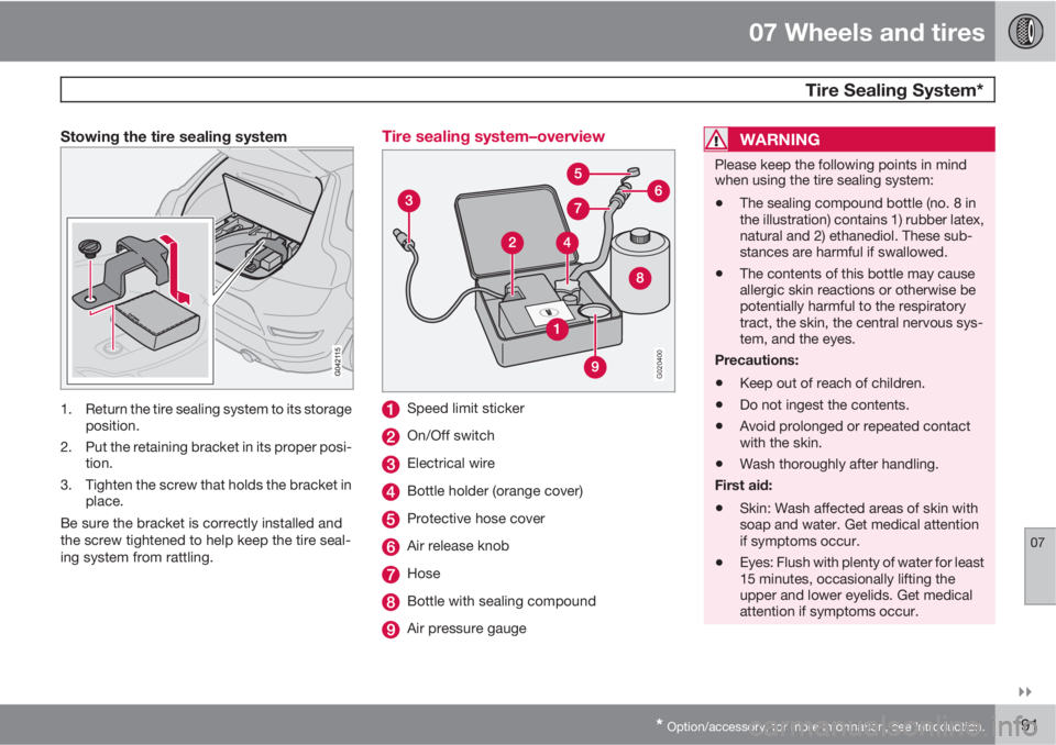 VOLVO C30 2013  Owner´s Manual 07 Wheels and tires
 Tire Sealing System*
07

* Option/accessory, for more information, see Introduction.191
Stowing the tire sealing system
1. Return the tire sealing system to its storage
position