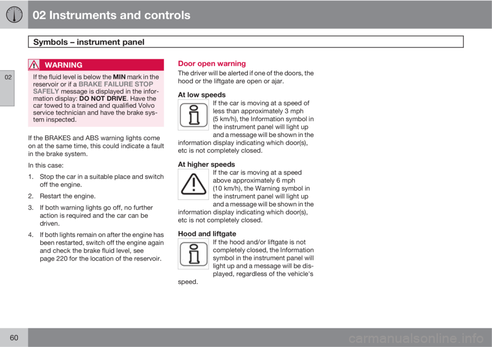 VOLVO C30 2013  Owner´s Manual 02 Instruments and controls
Symbols – instrument panel 
02
60
WARNING
If the fluid level is below the MIN mark in the
reservoir or if a BRAKE FAILURE STOP
SAFELY message is displayed in the infor-
m