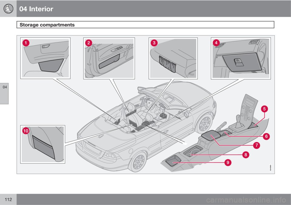 VOLVO C70 2013 Owner´s Manual 04 Interior
Storage compartments
04
112 VOLVO C70 2013 Owner´s Manual 04 Interior
Storage compartments
04
112