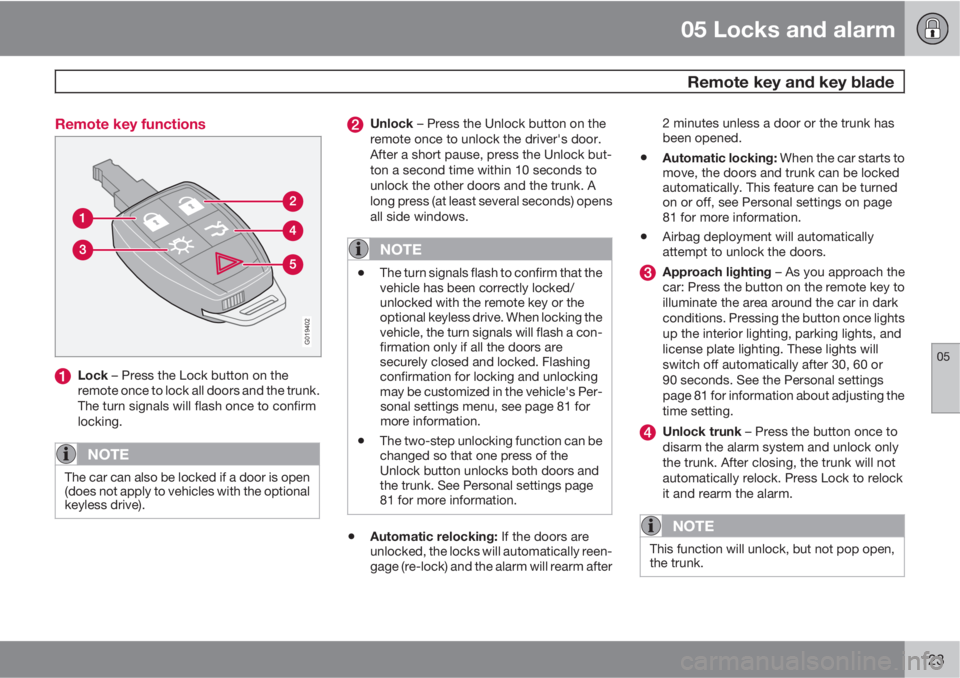 VOLVO C70 2013 Owner´s Manual 05 Locks and alarm
Remote key and key blade
05
123 Remote key functions
G019402
Lock – Press the Lock button on the
remote once to lock all doors and the trunk.
The turn signals will flash once to VOLVO C70 2013 Owner´s Manual 05 Locks and alarm
Remote key and key blade
05
123 Remote key functions
G019402
Lock – Press the Lock button on the
remote once to lock all doors and the trunk.
The turn signals will flash once to