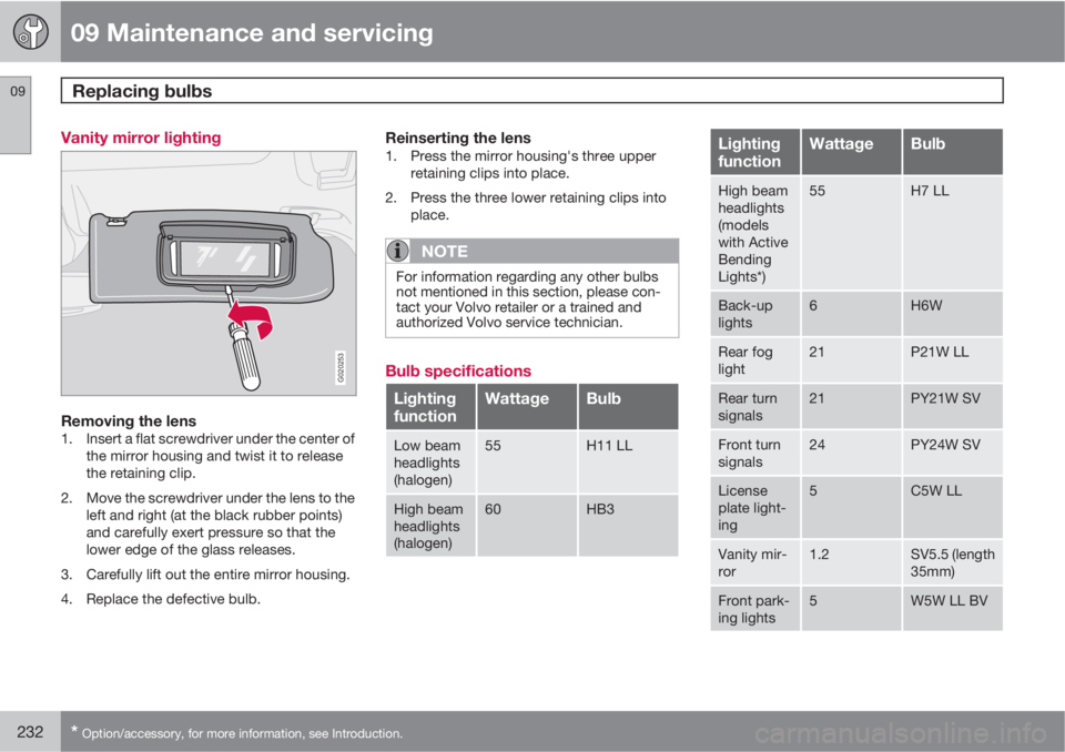 VOLVO C70 2013  Owner´s Manual 09 Maintenance and servicing
Replacing bulbs 09
232* Option/accessory, for more information, see Introduction.
Vanity mirror lighting
G020253
Removing the lens1. Insert a flat screwdriver under the ce