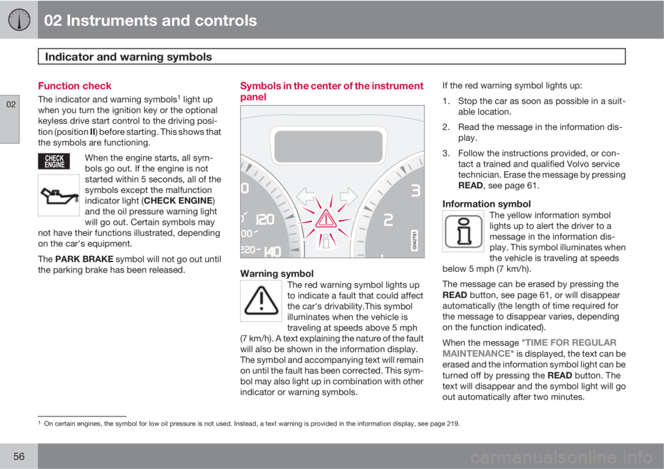 VOLVO C70 2013  Owner´s Manual 02 Instruments and controls
Indicator and warning symbols 
02
56
Function check
The indicator and warning symbols1 light up
when you turn the ignition key or the optional
keyless drive start control t