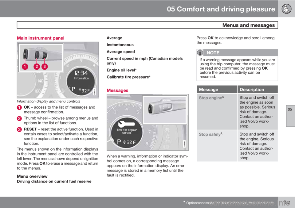 VOLVO S60 2013  Owner´s Manual 05 Comfort and driving pleasure
 Menus and messages
05
* Option/accessory, for more information, see Introduction.187 Main instrument panel
Information display and menu controls
OK – access to the l