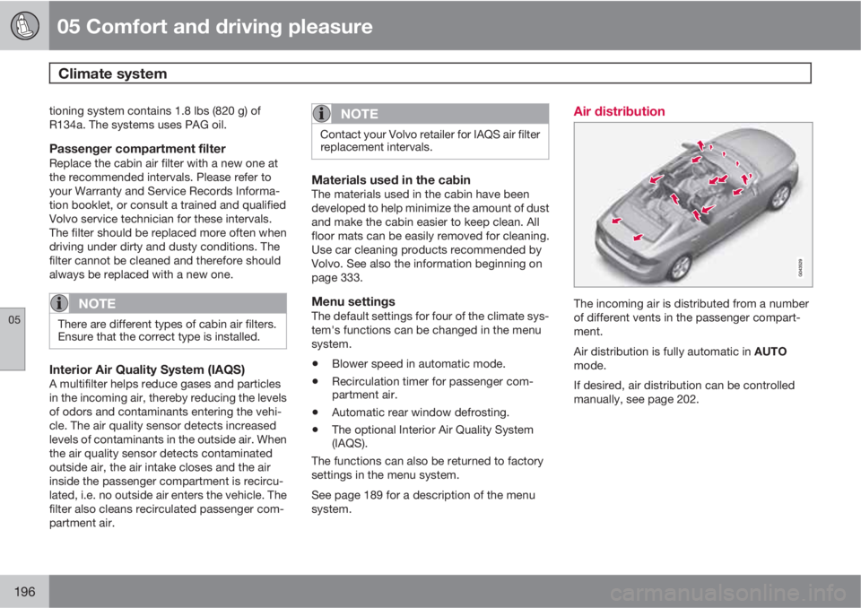 VOLVO S60 2013  Owner´s Manual 05 Comfort and driving pleasure
Climate system 
05
196
tioning system contains 1.8 lbs (820 g) of
R134a. The systems uses PAG oil.
Passenger compartment filterReplace the cabin air filter with a new o