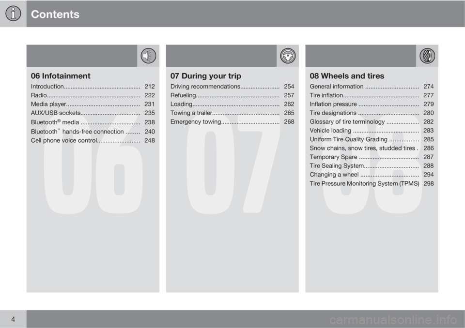 VOLVO S60 2013  Owner´s Manual Contents
4
06
06 Infotainment
Introduction............................................. 212
Radio....................................................... 222
Media player...............................
