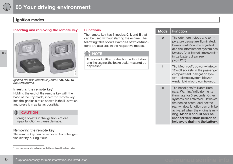 VOLVO S60 2013  Owner´s Manual 03 Your driving environment
Ignition modes 
03
84* Option/accessory, for more information, see Introduction.
Inserting and removing the remote key
Ignition slot with remote key and START/STOP
ENGINE b