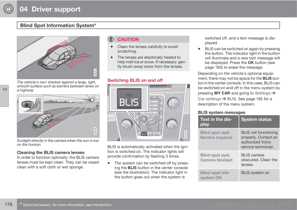 VOLVO S80 2013  Owner´s Manual 04  Driver support
Blind Spot Information System* 
04
178* Option/accessory, for more information, see Introduction.
The vehicle's own shadow against a large, light,
smooth surface such as barrier