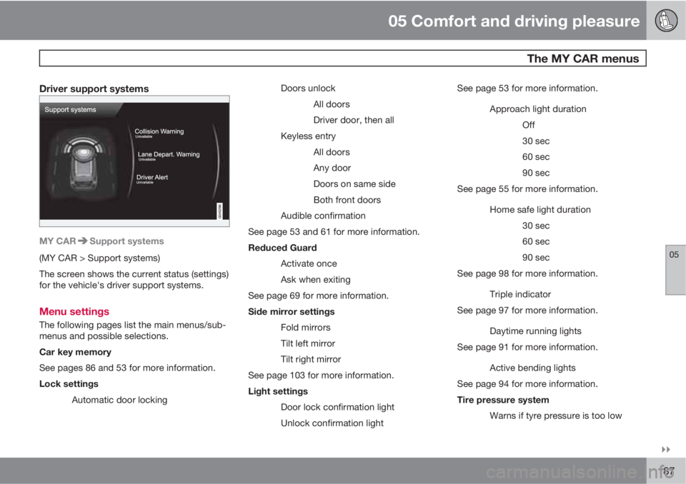 VOLVO S80 2013  Owner´s Manual 05 Comfort and driving pleasure
 The MY CAR menus
05

187
Driver support systems
MY CARSupport systems
(MY CAR > Support systems)
The screen shows the current status (settings)
for the vehicle's