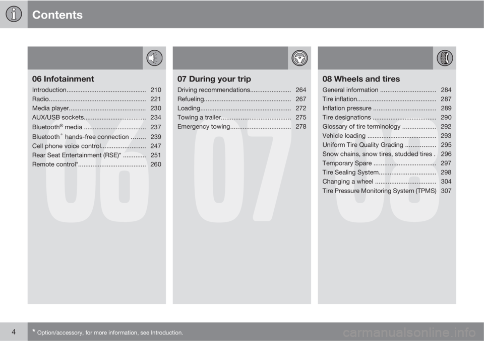 VOLVO S80 2013  Owner´s Manual Contents
4* Option/accessory, for more information, see Introduction.
06
06 Infotainment
Introduction............................................. 210
Radio............................................