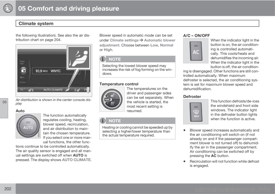 VOLVO XC60 2013  Owner´s Manual 05 Comfort and driving pleasure
Climate system 
05
202
the following illustration). See also the air dis-
tribution chart on page 204.
Air distribution is shown in the center console dis-
play
AutoThe