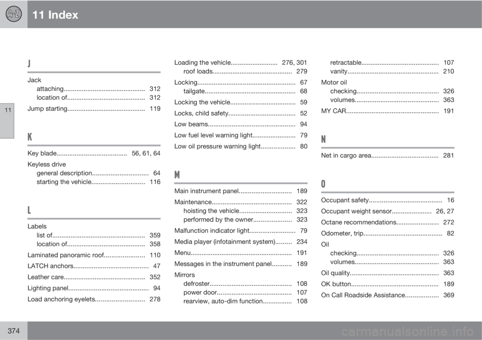 VOLVO XC60 2013  Owner´s Manual 11 Index
11
374
J
Jack
attaching.............................................312
location of........................................... 312
Jump starting........................................... 119